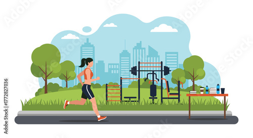 Energetic woman running outdoors enjoying a vibrant city park fitness zone surrounded by lush trees and modern skyscrapers