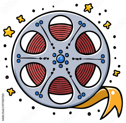 Cartoon film reel with stars and film strip, illustration about cinema and movies
