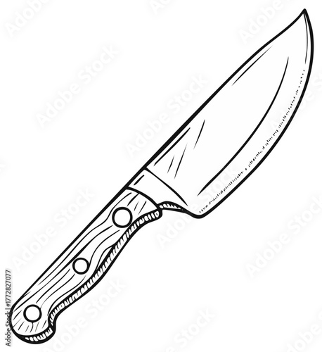 Hand drawn sketch illustration of a classic chef knife with a riveted wooden handle.