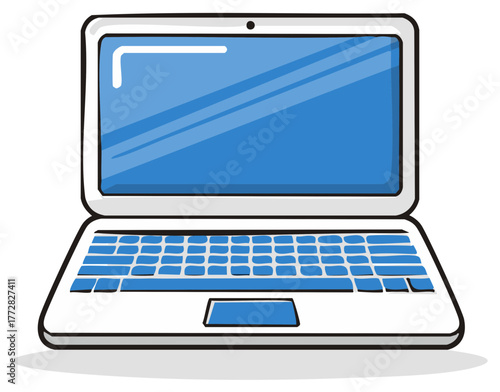 Stylized open laptop computer vector illustration featuring a blank blue screen for digital content