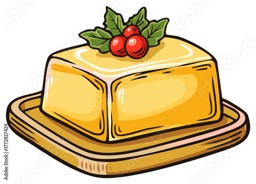 Drawn illustration of butter on a wooden plate with berries and leaves, food concept