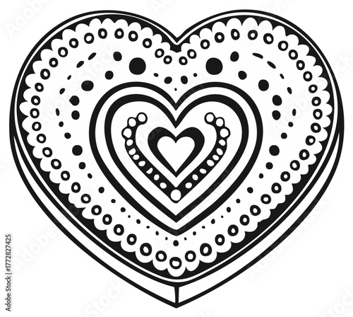 Detailed Heart Illustration with Ornate Concentric Designs in Black and White