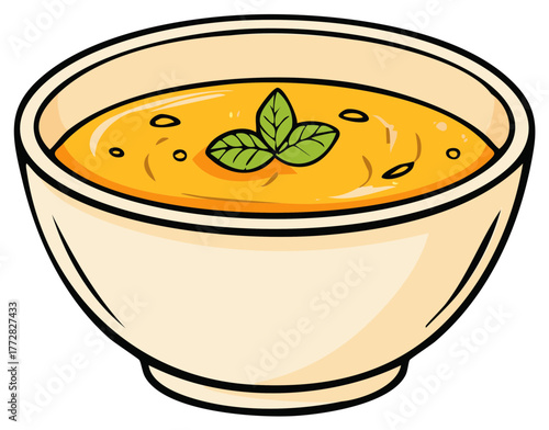 Vector illustration of a bowl of creamy vegetable soup garnished with fresh basil