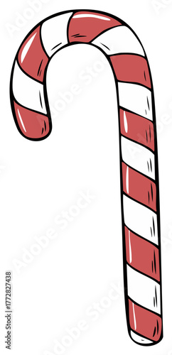 Cartoon candy cane illustration, red and white striped Christmas sweet treat.