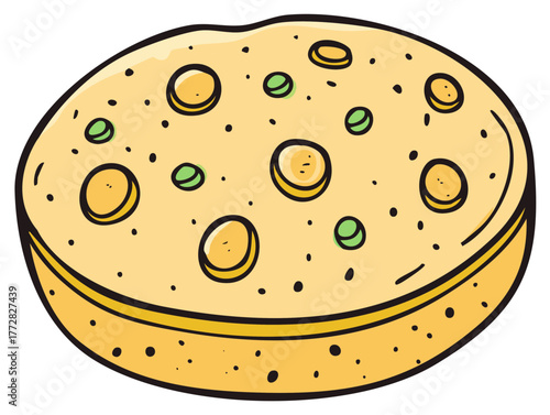 Cartoon illustration of a round baked bread or food with decorative elements.