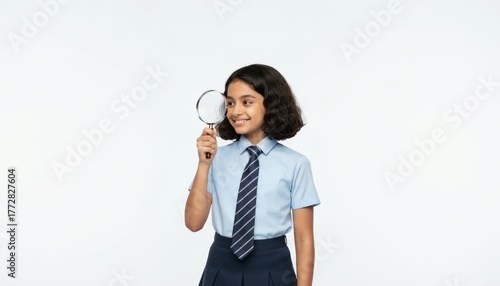 Curious Indian Schoolgirl Holding a Magnifying Glass for Science Class generative ai