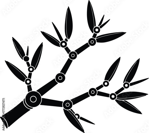 Vector robotic twig stem with leaves black and white silhouette illustration