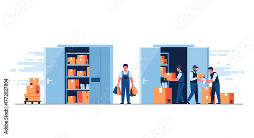 Warehouse workers diligently organizing inventory and packages, ensuring efficient logistics and supply chain operations for business growth