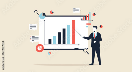 Professional businessman confidently presents growth data on a modern whiteboard with charts and analytics, visualizing success