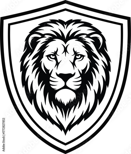 Lion head shield logo security protection strength power courage heraldry mascot