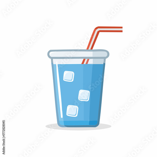 Refreshing blue beverage with ice cubes and a striped straw in a clear cup