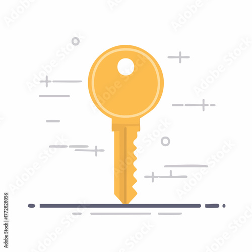 Golden key flat design illustration for unlocking solutions and security concepts