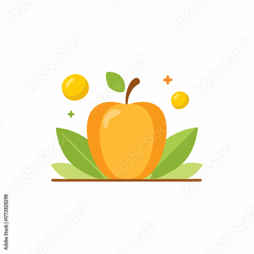 Stylized orange fruit illustration with green leaves and yellow dots