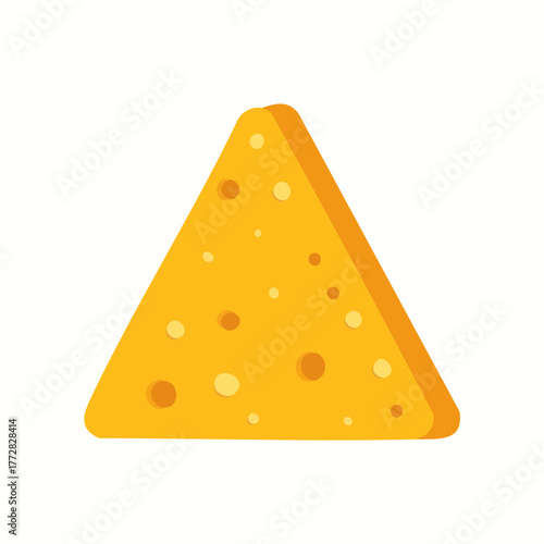 Cheese slice illustration in triangle form, swiss cheese wedge graphic with holes cartoon style and cheddar orange color. Delicious food item