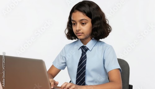 Indian Schoolgirl Concentrating While Typing on a Laptop at a Desk generative ai