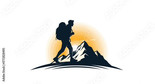 Hiker Silhouette with Glowing Mountain Sunrise – Adventure, Exploration, and Nature Journey