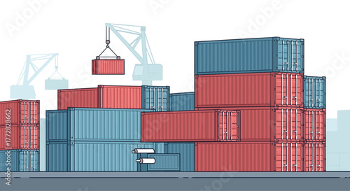 Dynamic shipping containers stacked high at a busy port with cranes loading cargo, visualizing global logistics and trade