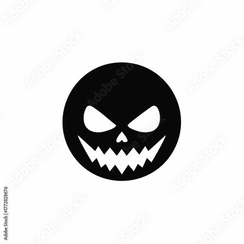 Sinister grinning Halloween pumpkin face icon with sharp teeth and evil eyes, perfect for spooky designs and scary themes.