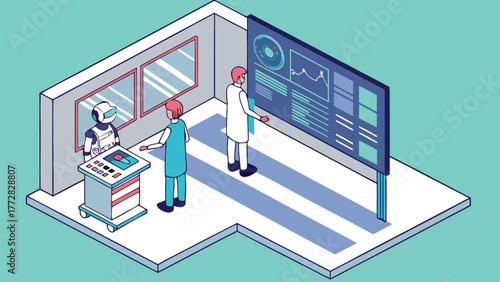 Adobe Illustrator Isometric illustration of two scientists observing a robot through a window with a large display screen