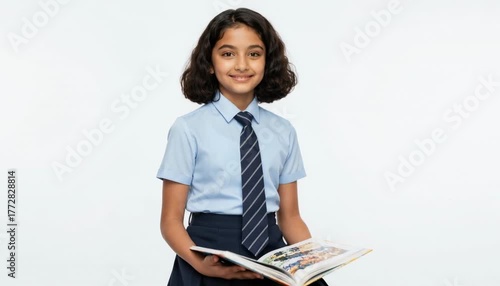 Smiling Indian Schoolgirl Sitting on a Stool and Reading a Book generative ai