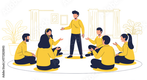 Engaged team collaborating in a modern, bright circle discussion fostering idea exchange and growth