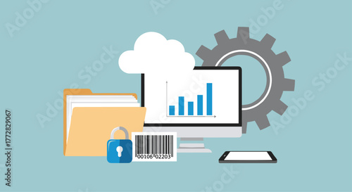 Secure data management and analytics presented with cloud, gear, and digital devices for modern business solutions