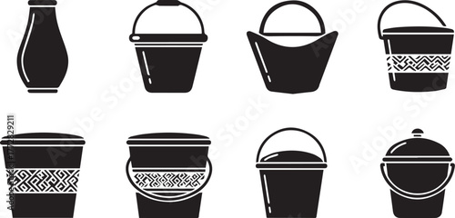 Collection of black silhouette buckets and a vase set against a white background
