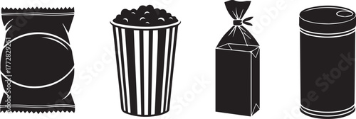 Hand drawn black and white illustrations of four different snack food packaging types on a white background