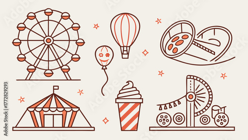 Amusement park rides and attractions with food and transportation elements vector Abstract