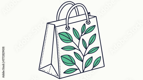 Adobe Illustrator A white shopping bag with green leaf design and handles isolated on a white background in simple drawing style