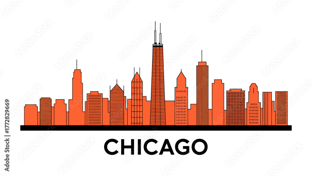 Naklejka premium Chicago Skyline Silhouette: A stylized skyline of Chicago, showcasing its iconic buildings in a minimalist, vibrant design. 