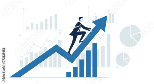 Confident businessman climbs upward growth arrow symbolizing financial success and ambitious career advancement in dynamic business environment
