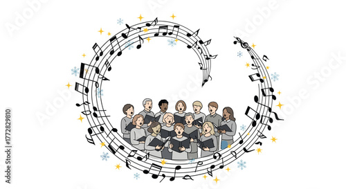 Joyful diverse choir sings holiday carols surrounded by swirling musical notes and festive snowflakes, capturing winter celebration spirit