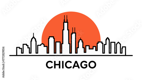 Chicago City Skyline Illustration: A minimalist illustration captures the iconic Chicago skyline, featuring its towering skyscrapers silhouetted against a radiant sunset.