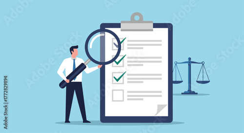 Professional man meticulously reviewing checklist with magnifying glass near scales of justice for legal compliance