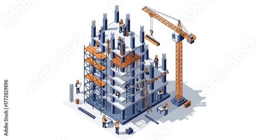 Dynamic construction scene unfolds with workers building skyscraper, crane lifting materials, illustrating progress and industry