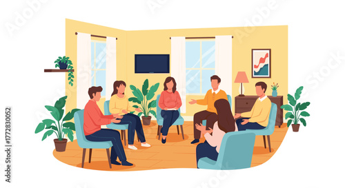 Diverse group actively participating in supportive therapy session, fostering connection and understanding in a comfortable group setting