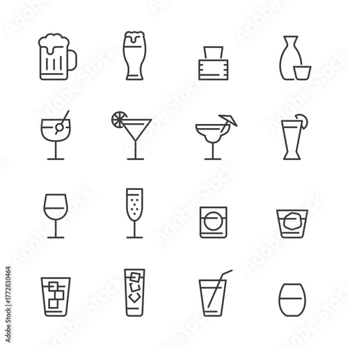 お酒、カクテルのシンプルアイコンセット（16種類・線画）