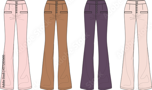 Vector illustration of women's trendy flared bell-bottom trousers in diverse colors, perfect for fashion design templates, apparel collections, and modern clothing concepts