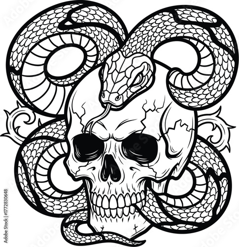 Skull snake serpent death danger poison bone skeleton head reptile tattoo art