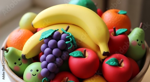 Playful Clay Fruits Still Life: Cheerful Bananas, Apples, Grapes, Pears, and Oranges