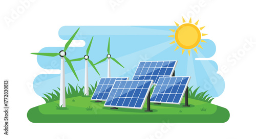 Clean energy revolution featuring solar panels and wind turbines harnessing sun and wind power for a sustainable future