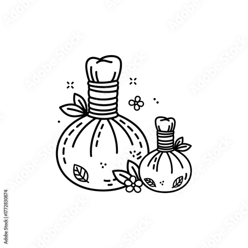 Herbal compress balls in minimalist line art style with leaves  