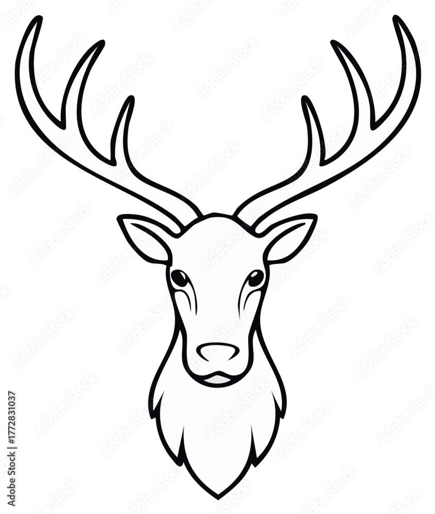 Naklejka premium Deer Head Outline Black and White Drawing with Large Antlers Stag Buck Animal Head Logo Icon Clipart Design Element