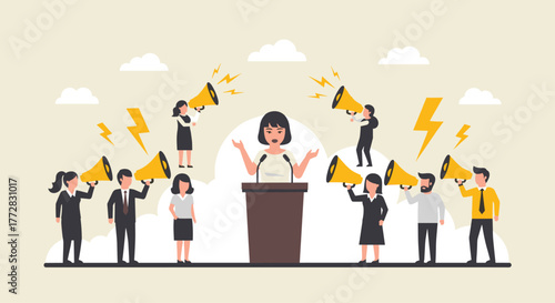Passionate speaker commands attention while crowd voices opinions loudly with megaphones, capturing diverse perspectives