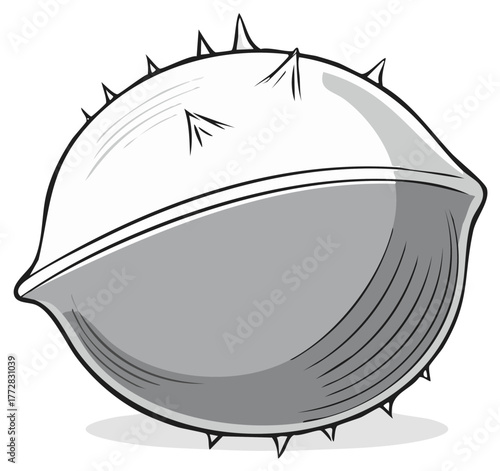 Grayscale vector illustration of a spiky horse chestnut in its thorny husk