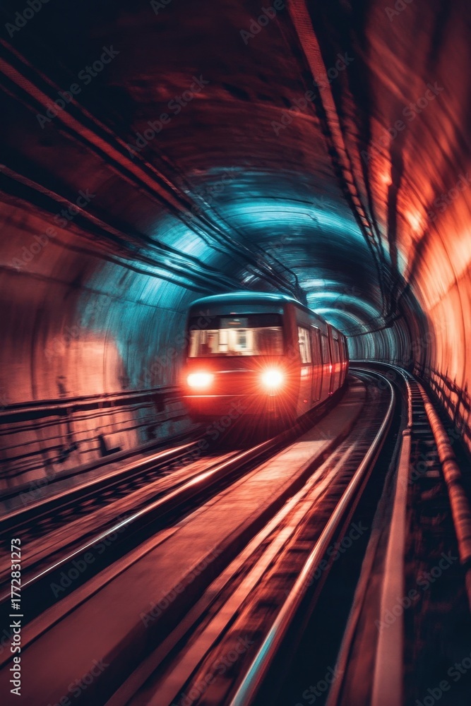 Naklejka premium Fast train moves through glowing tunnel with vivid blue and red lights creating motion and speed scene