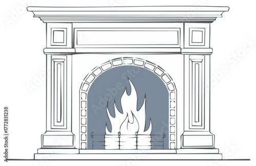 Classic fireplace mantel with elegant arched firebox and glowing stylized flames illustration