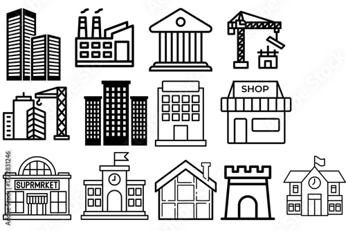 A set of building icons with line editing capabilities (not outlined) Structure icon