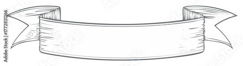 Curved vintage style blank banner ribbon with decorative hand drawn outline and empty text space